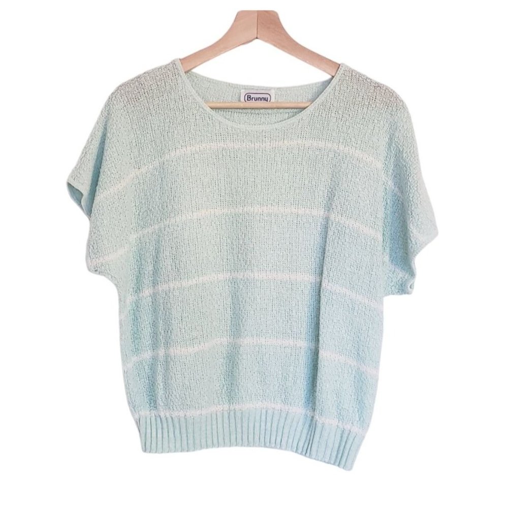 vintage Brunny Preppy knit‎ Blouse size Medium Aqua Green striped oversized